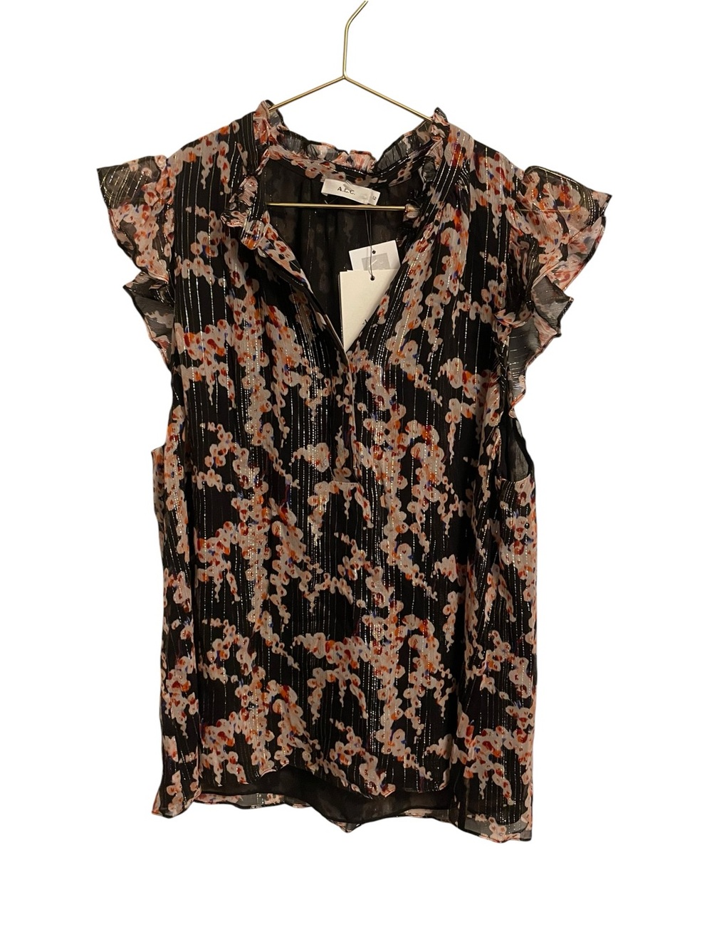 A.L.C. Black Floral Ruffle Sleeve Blouse